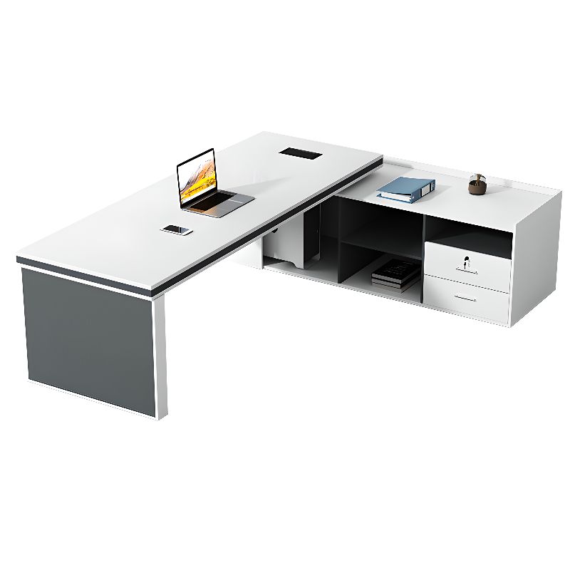 Director & Executive L-Shape Office Table Luxury Desk Made in Particle Board with Side Unit Locking Drawer, Integrated Cable Management, and CPU Storage - Grey & White