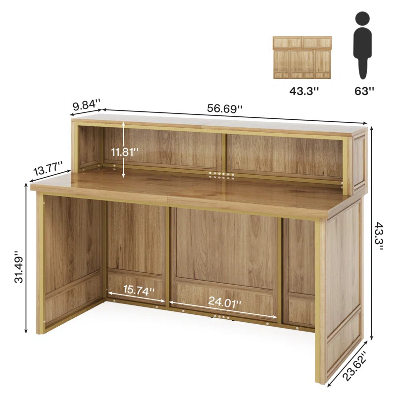 Reception Table for Office & Hotel Front Counter Desk Made in Particle Board with Molding and Pedestal - Brown