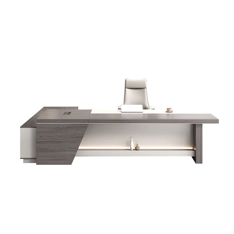 Director L-Shape Office Table Luxury Desk Made in Plywood with Locking Drawer, Reversible Orientation, Integrated Cable Management, and CPU Storage - Grey