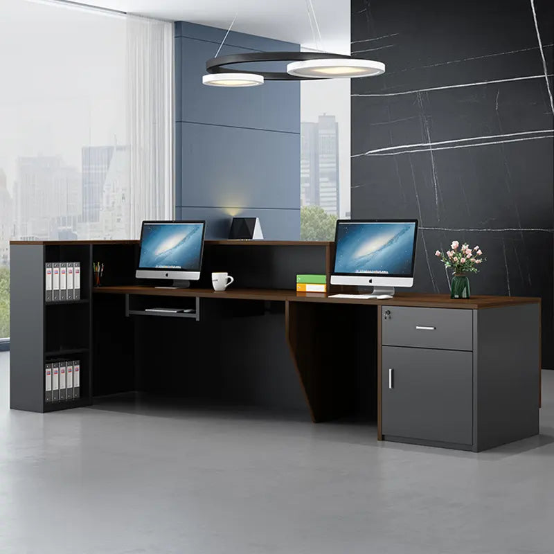 Reception Table for Office Luxury Modern Counter Stylish Design and Drawers Book Self Ample Storage & Openable Storage - Grey & Brown