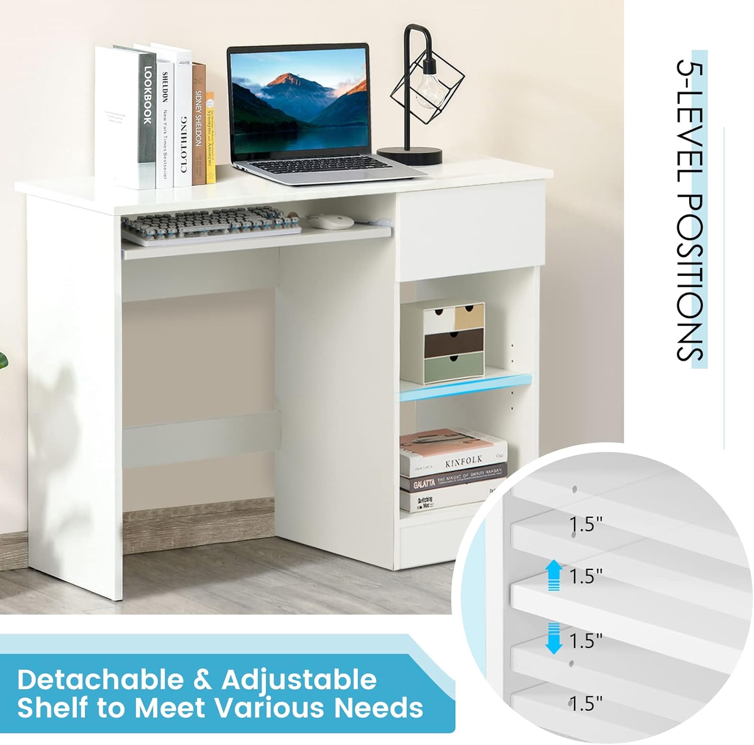 Home and Office Computer Table Made in Particle Board with Keyboard Tray & Bookshelf, Adjustable Shelf- White Color