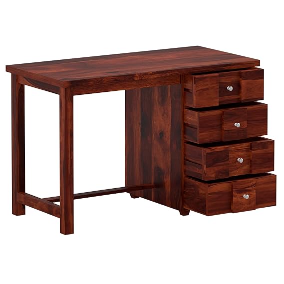 Office Computer Table Made in Solid Wood with 4 Drawers, Matte Polished Finish- Brown Color