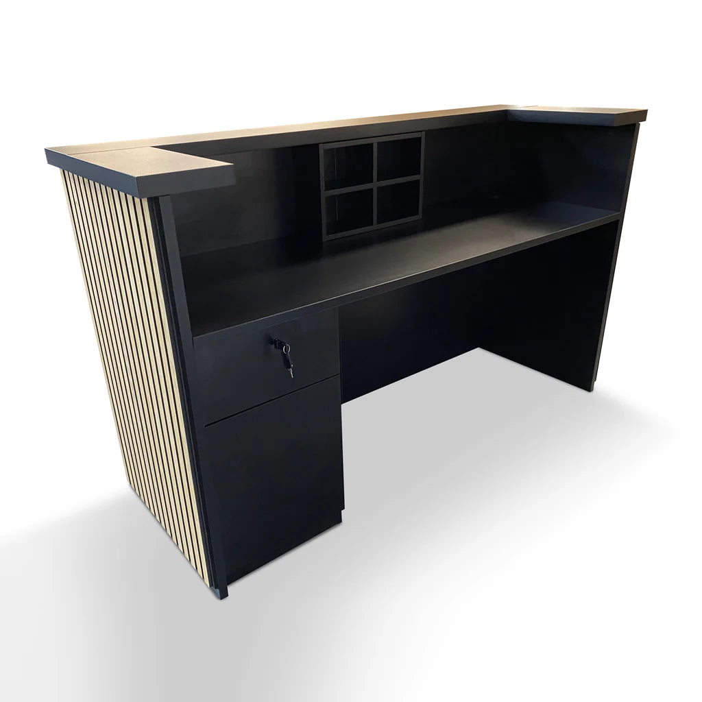 Stylish Reception Table for Office Made in Flexible Ply with Pinewood U Shape Design and Drawer & Storage - Black & Oak