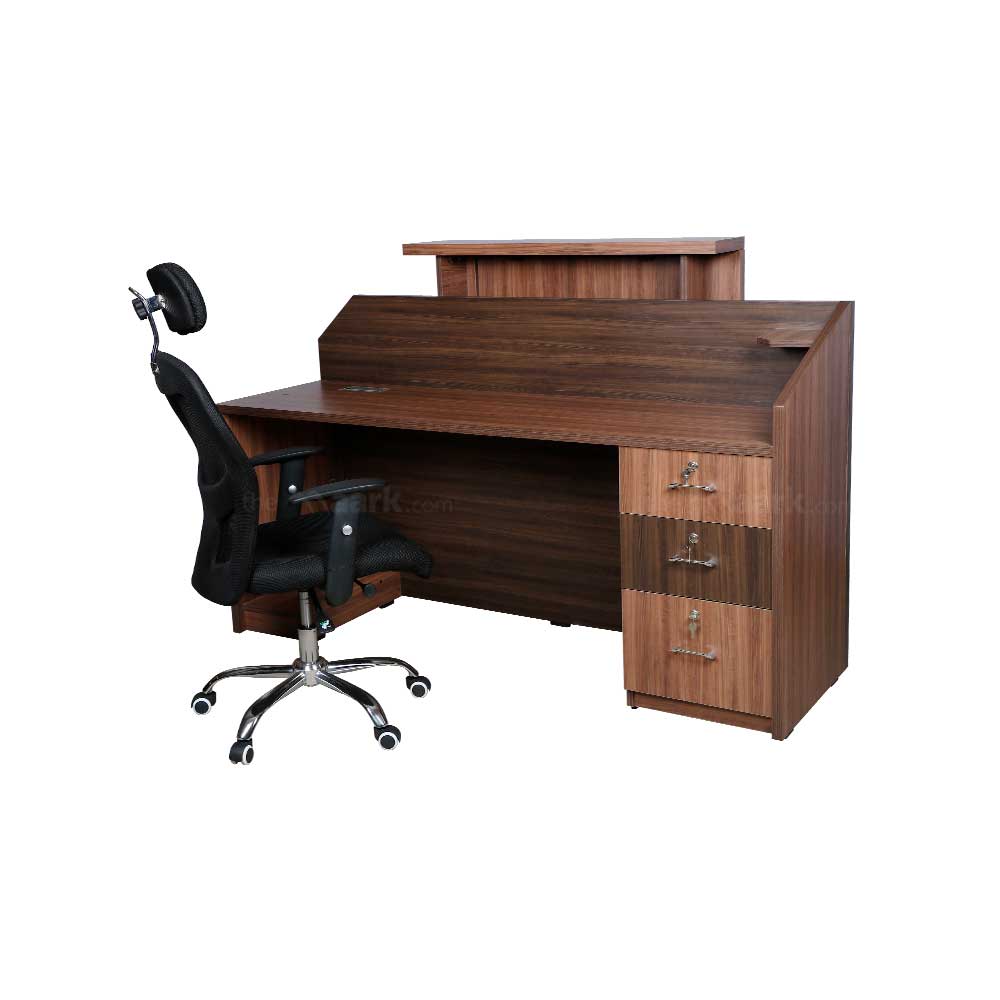 Reception Table Stylish for Office Made in Particle Board and CPU Space with Lockable Drawers & wire manager - Brown