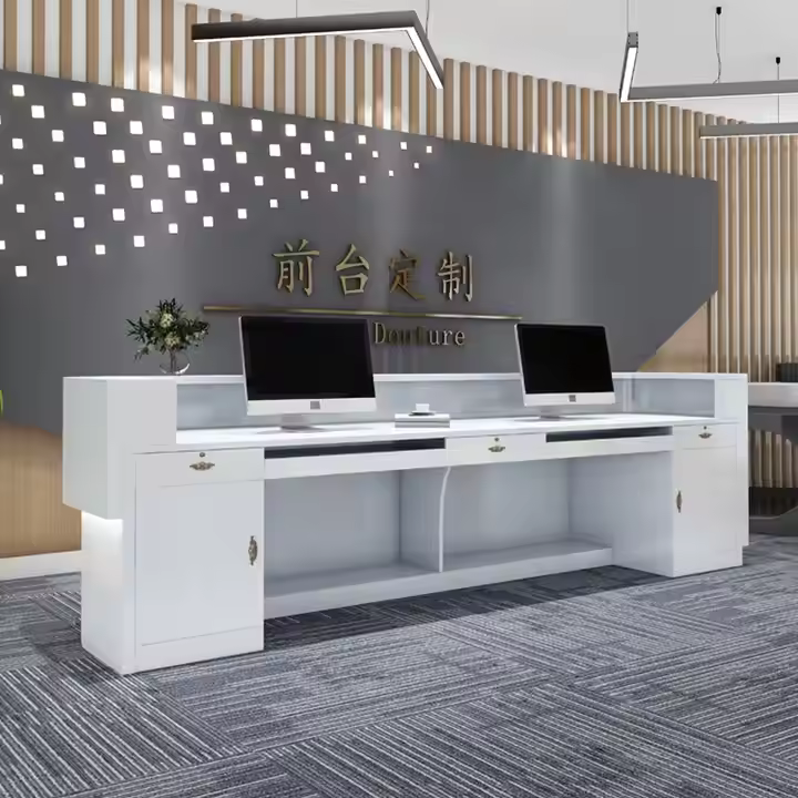 Reception Table for Office Luxury Modern Counter Stylish Design Made in MDF and LED Light  Multi Drawers & Round Wire Manager Openable Shutter- White Color