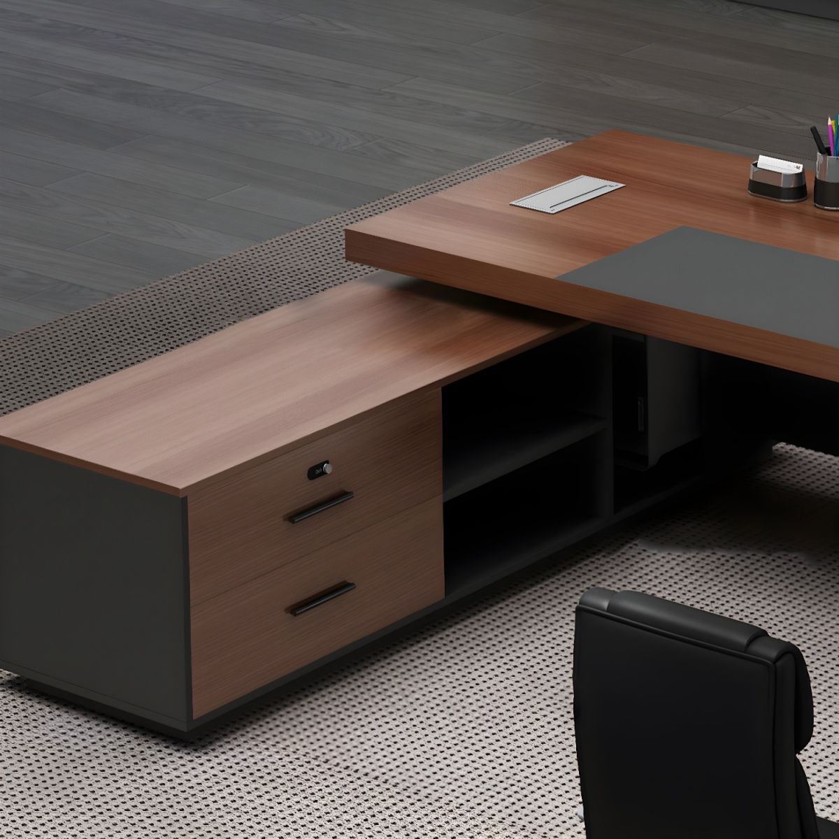 Director & Executive L-Shape Luxury Office Table Modern Desk with Cable Management, Drawer and CPU Storage - Brown