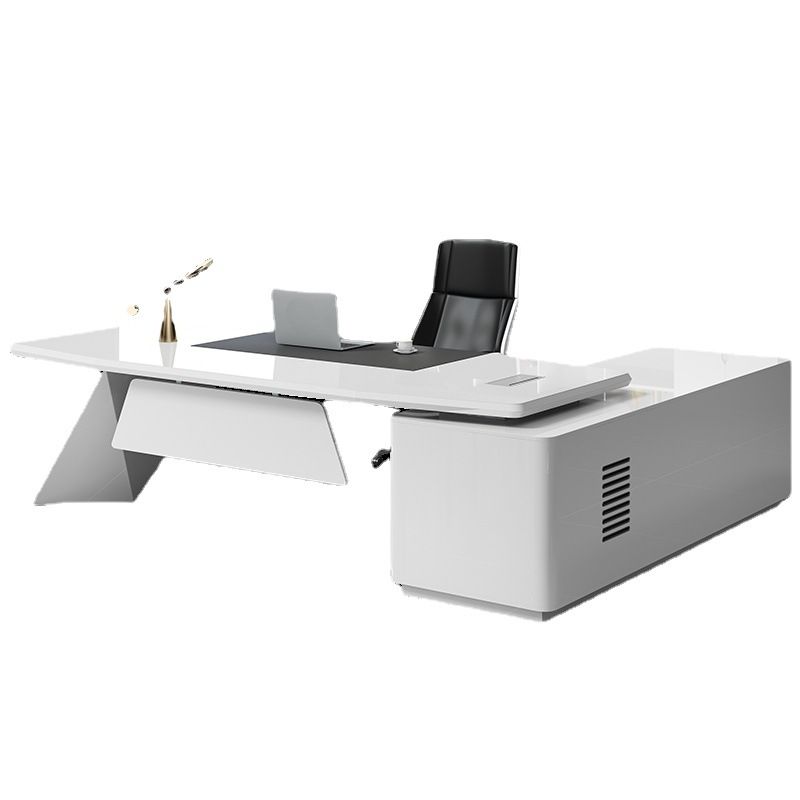 Luxury Director L-Shape Office Table Desk Made in MDF with Wire Manager Drawers Lockable and Storage for a Modern Workspace - White