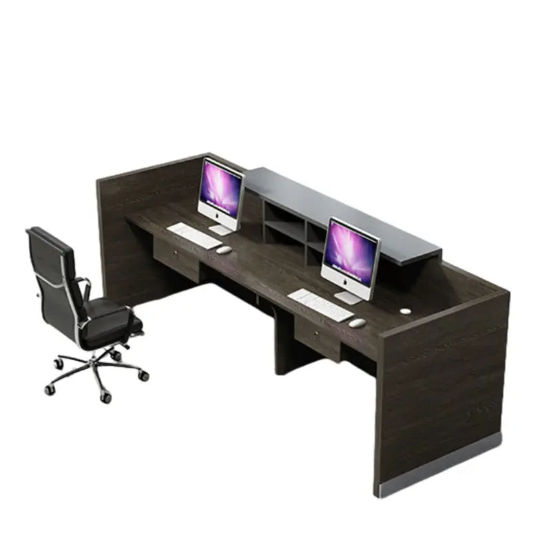 Reception Table for Office Luxury Modern Counter Made in MDF and LED Light 2 Drawers & Round Wire Manager - Grey Color