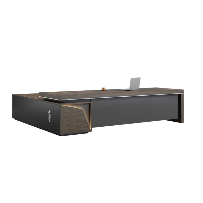 Director & Executive L-Shape Office Table Luxury Desk Made in Particle Board with Side Unit Drawer and Storage Wire Manager- Brown