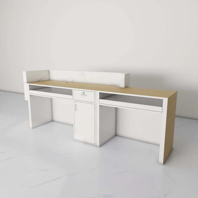 Reception Table for Office Luxury Modern Counter Stylish Design Made in MDF with Marble Pattern and Wire Manager Keyboard Tray and Multi Storage - White & Brown