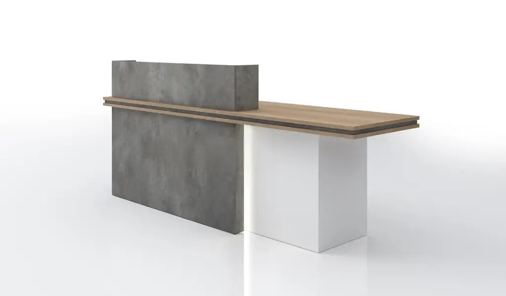 Reception table made in engineered wood is includes one fixed storage pedestal and, inbuilt wire management grommet