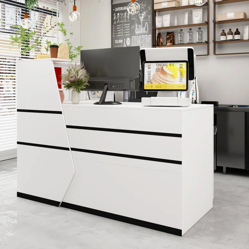 Reception Table Office Stylish and Functional for L Shape Front Counter Desk Made in Particle Board with Keyboard Tray and Drawers, Openable Shutter- White Color