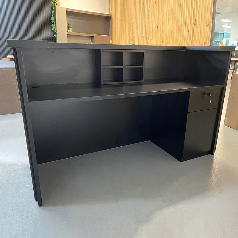 Stylish Reception Table for Office Made in Flexible Ply with Pinewood U Shape Design and Drawer & Storage - Black & Oak