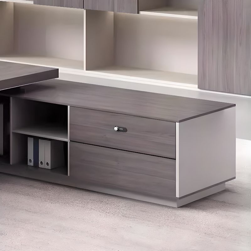 Director L-Shape Office Table Luxury Desk Made in Plywood with Locking Drawer, Reversible Orientation, Integrated Cable Management, and CPU Storage - Grey