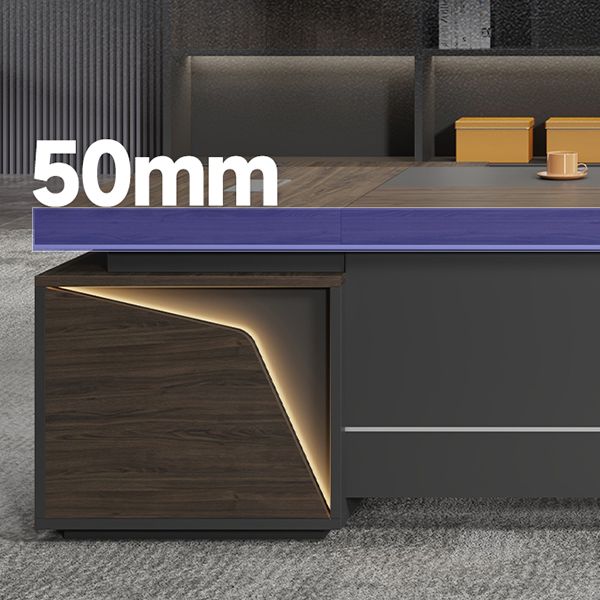 Director & Executive L-Shape Office Table Luxury Desk Made in Particle Board with Side Unit Drawer and Storage Wire Manager- Brown