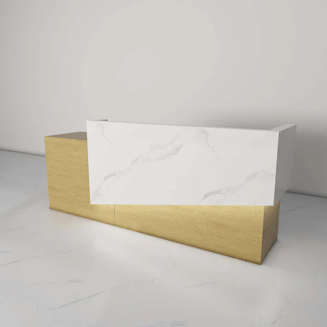 Reception Table for Office Luxury Modern Counter Stylish Design Made in MDF with Marble Pattern and Wire Manager Keyboard Tray and Multi Storage - White & Brown