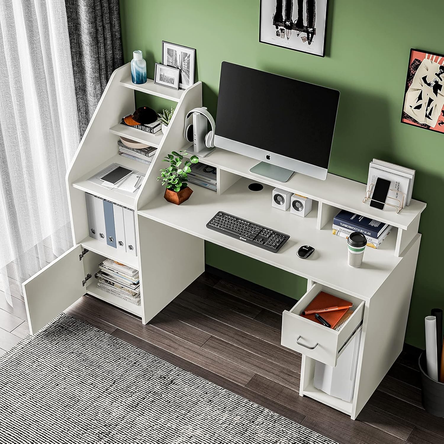 Home Office Computer Table with Hutch and Monitor Shelf, Modern Writing Desk with Drawers and Shelves - White