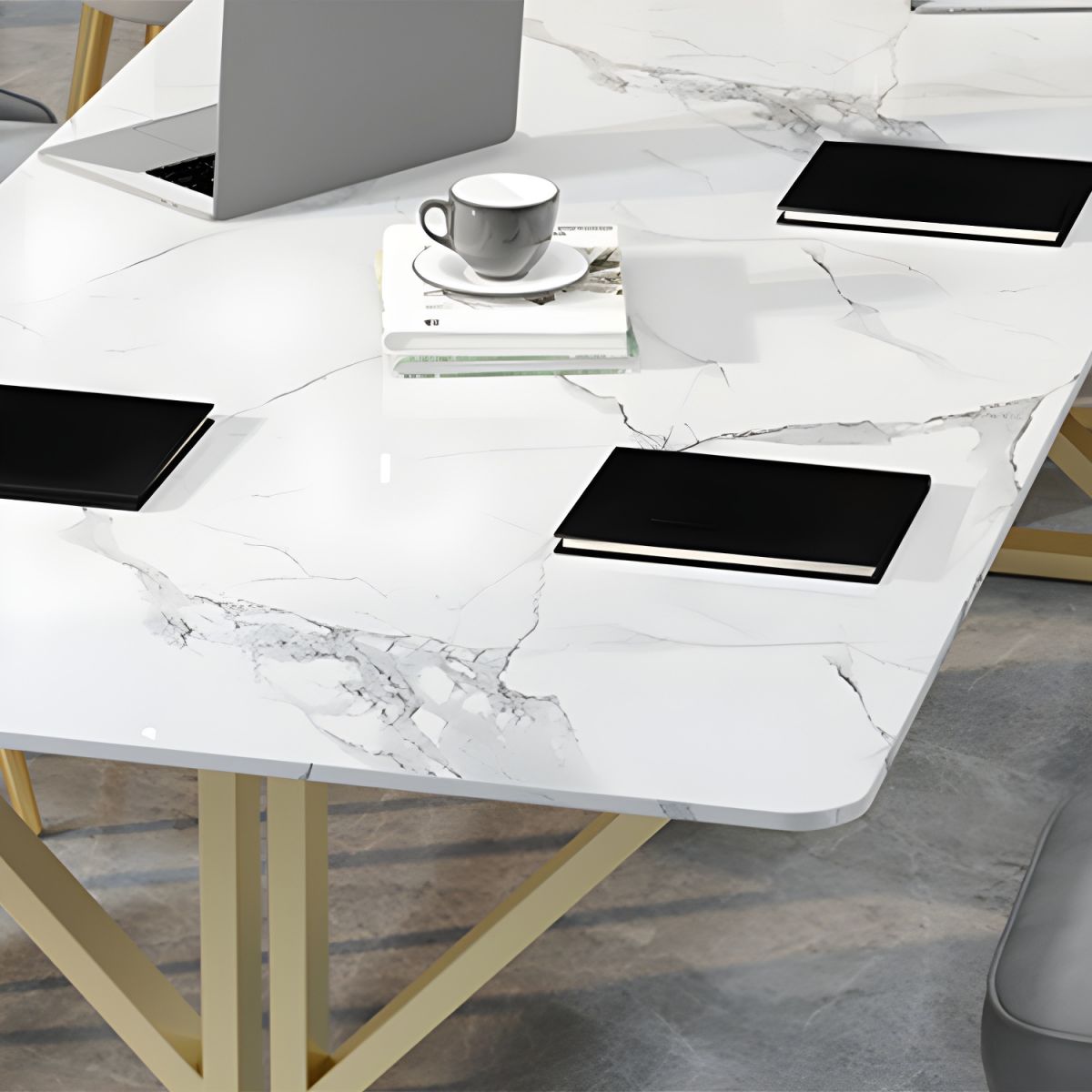 Conference and Meeting Marble Laminate Top Office Table Base in MS Metal Legs with Golden Powder Coating ( 7.3x3 Ft.)