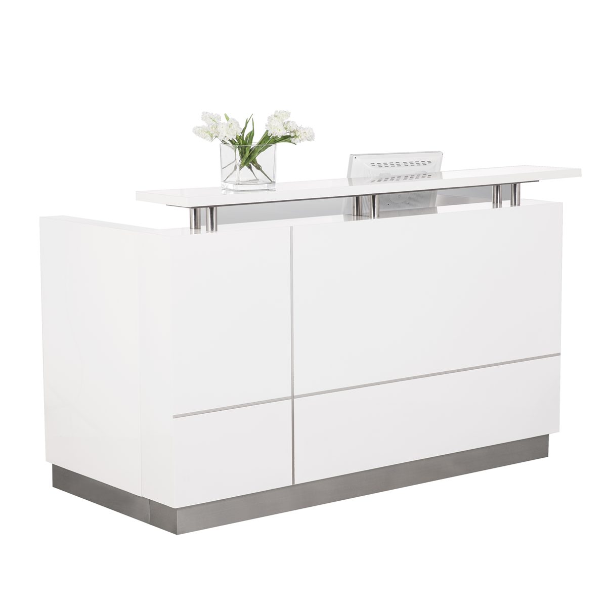 Reception table for office made in Engineered wood with aluminum trim lines stylish design for a professional first Impression