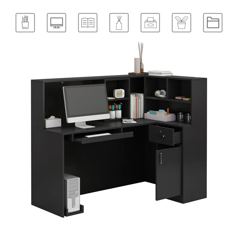 Reception Table for Office & L Shape Front Counter Desk Made in Particle Board with Multi Self Box and Keyboard Tray & Drawers - Black Color