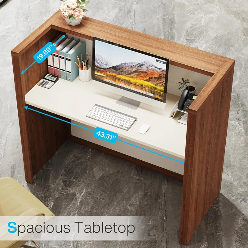 Reception Table for Office Front Counter Desk Made in Particle Board with Cable Management- Brown & White