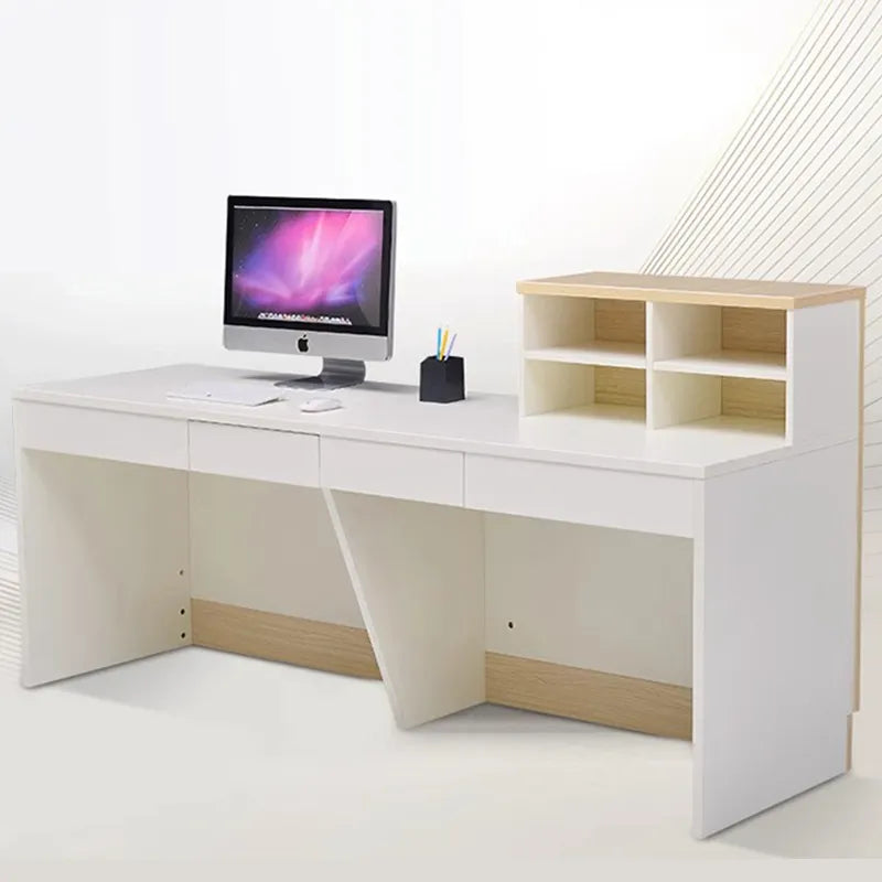 Reception Table for Office Counter Stylish Design Made in MDF and Multi Drawers & Round Wire Manager - Off  White Color