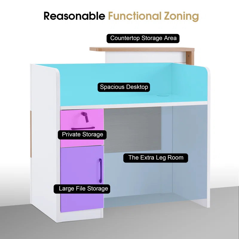 Reception Table for Office Front Counter Desk Made in Particle Board with Round Wire Manager, Drawers and Openable Shutter & White-Brown Color&