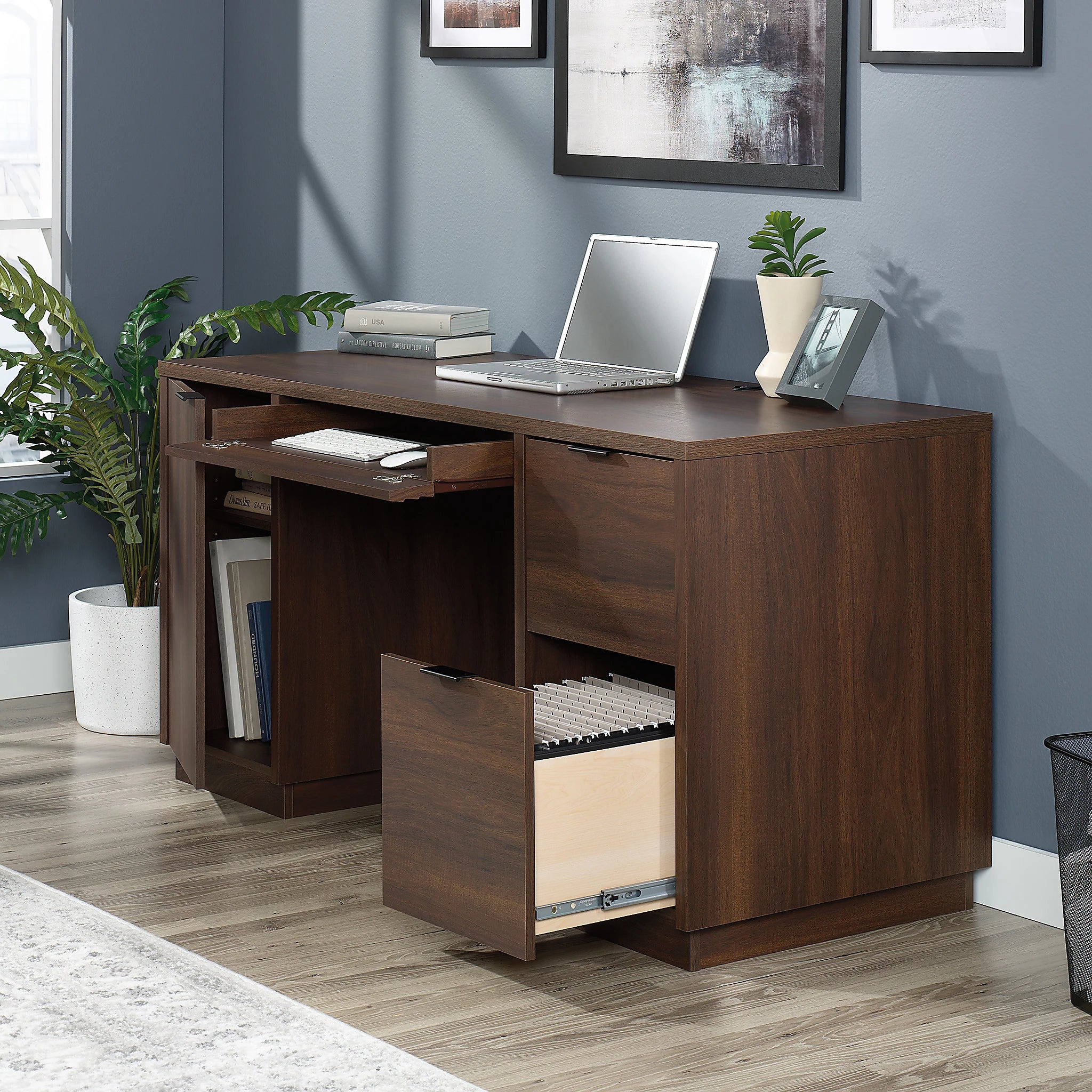 Office Computer and study table made in Pre-laminated board with drawers and wire manager - Spiced Mahogany