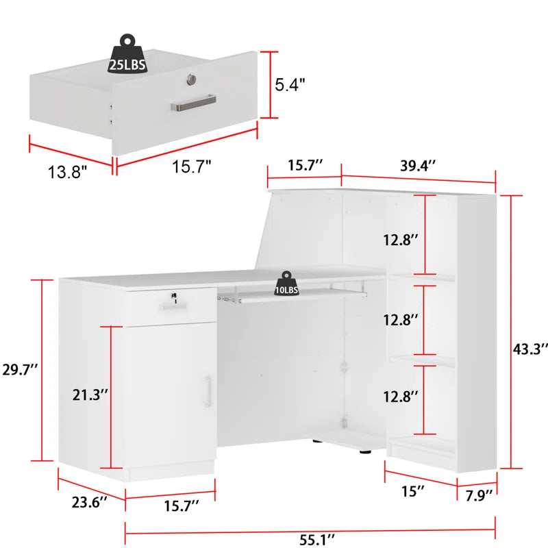 Reception Table Office Stylish and Functional for L Shape Front Counter Desk Made in Particle Board with Keyboard Tray and Drawers, Openable Shutter- White Color