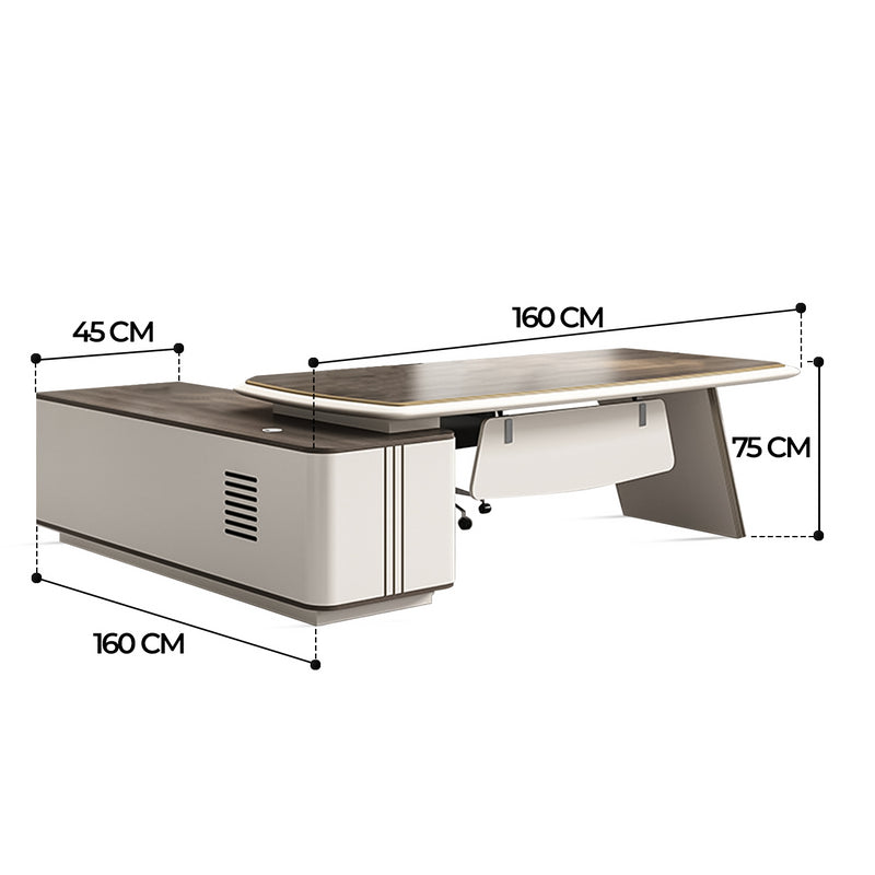 Director L-Shape Office Table Luxury Desk with Multi-Function Ports Functional Hettich & Blum Hardware Drawers and Ample Storage - Beige and Dark Brown