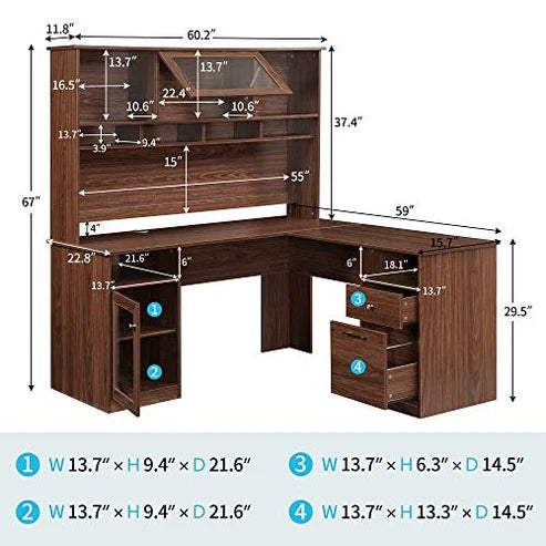 Home and Office L Shape Computer table made a Particle Board with Drawer and Book Self, Cabinate- Brown Color