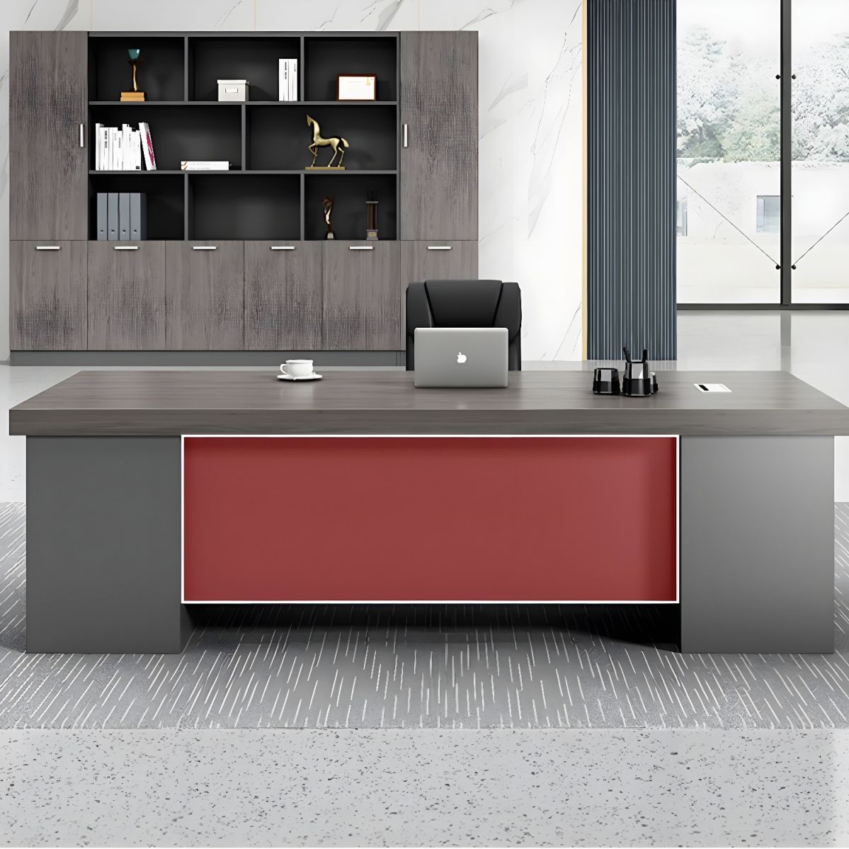 Director & Executive Rectangular Office Table Modern Desk Made in Particle Board with Drawer and Wire Manager - Brown