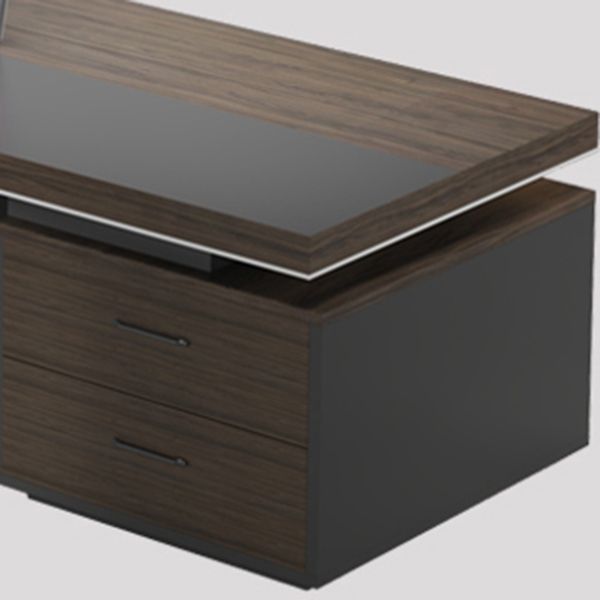 Director & Executive L-Shape Office Table Luxury Desk Made in Particle Board with Side Unit Drawer and Storage Wire Manager- Brown