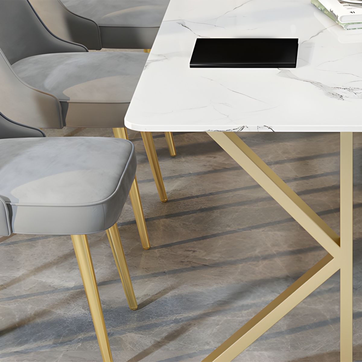 Conference and Meeting Marble Laminate Top Office Table Base in MS Metal Legs with Golden Powder Coating ( 7.3x3 Ft.)