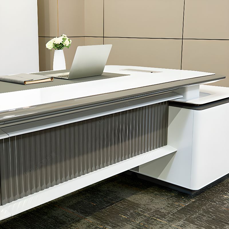 Director L-Shape Office Table Luxury Desk Made in MDF with Reversible Orientation, Integrated Cable Management, and CPU Storage - White Grey