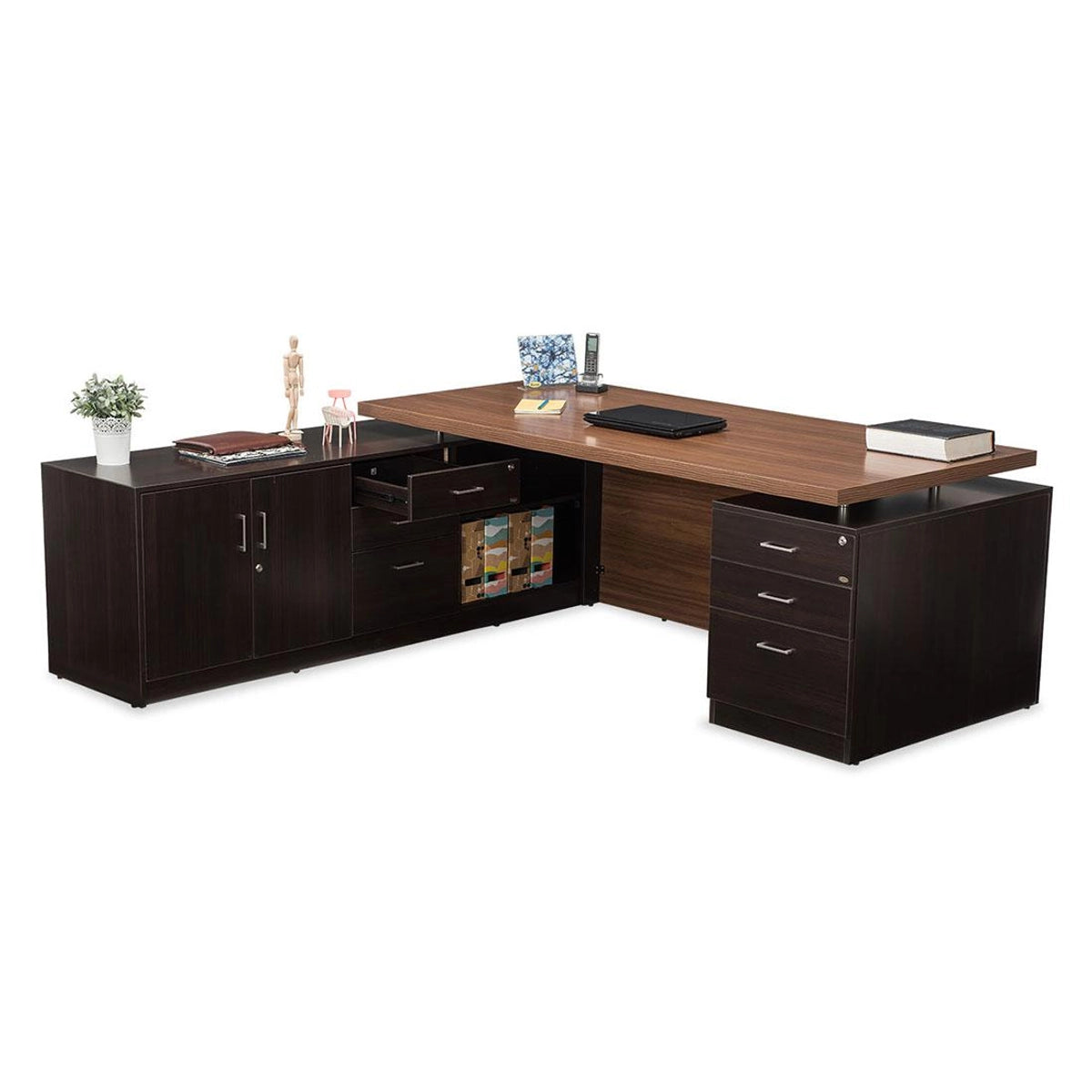 Director L shape Table Made in Engineered Wood and Metal SS, Matte Finish, Brown - Classic Walnut