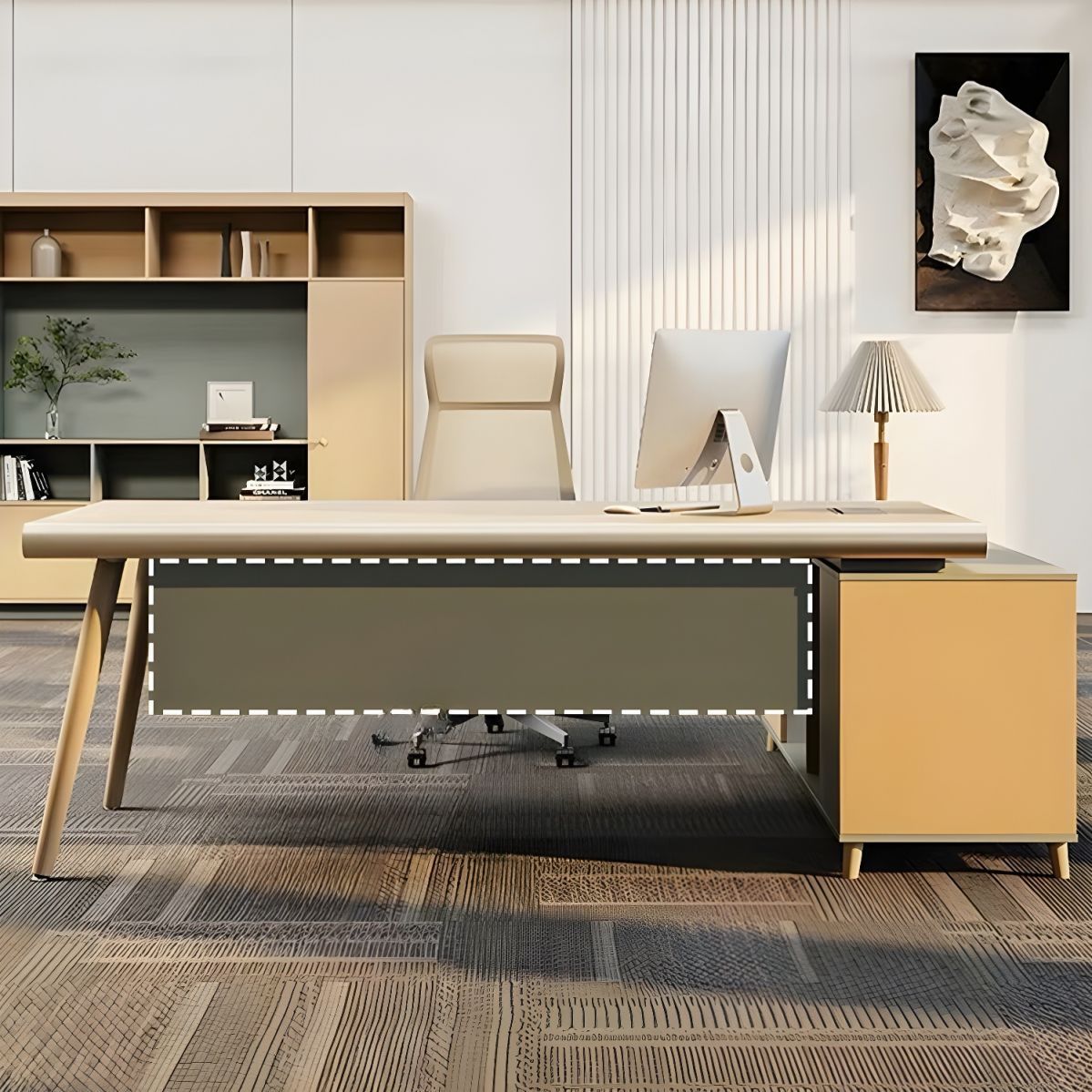 Director & Executive L-Shape Office Table Modern Desk Made in MDF with Side Unit Drawer and Storage Wire Manager & CPU Storage - Beige