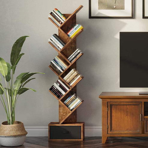 Brown 8 Shelf Tree Bookshelf with Drawer