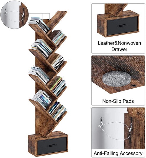 Brown 8 Shelf Tree Bookshelf with Drawer