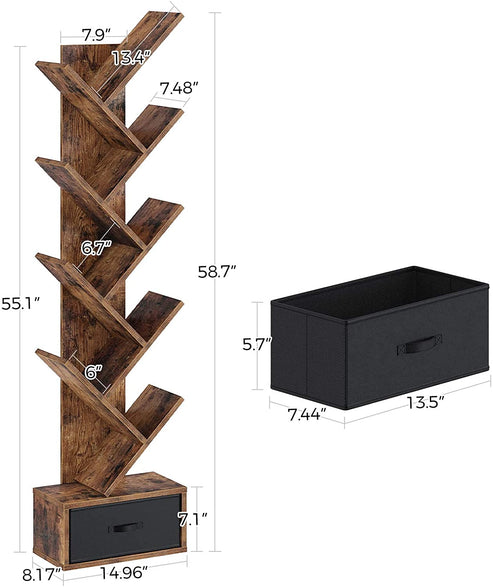 Brown 8 Shelf Tree Bookshelf with Drawer