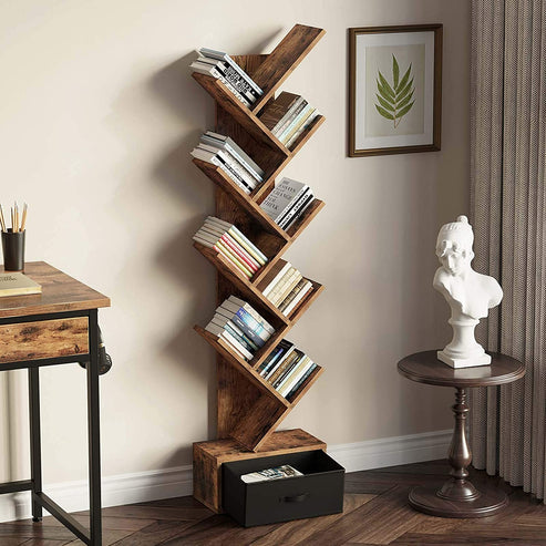 Brown 8 Shelf Tree Bookshelf with Drawer