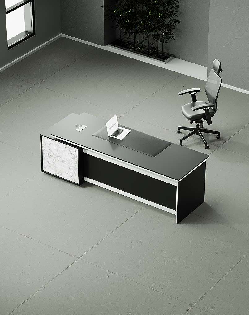 Director CEO for Office Table Flat Straight Manager Desk with White Leg Storage With Lockable,Wire Manager Matte Black