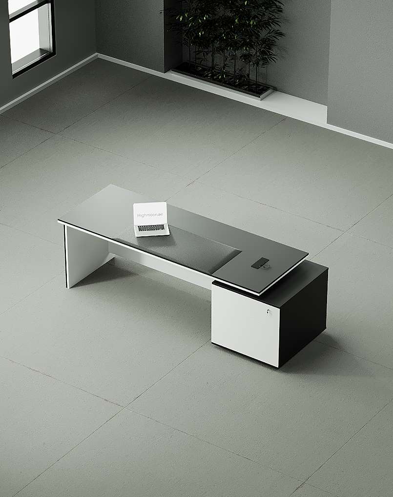 Director CEO for Office Table Flat Straight Manager Desk with White Leg Storage With Lockable,Wire Manager Matte Black