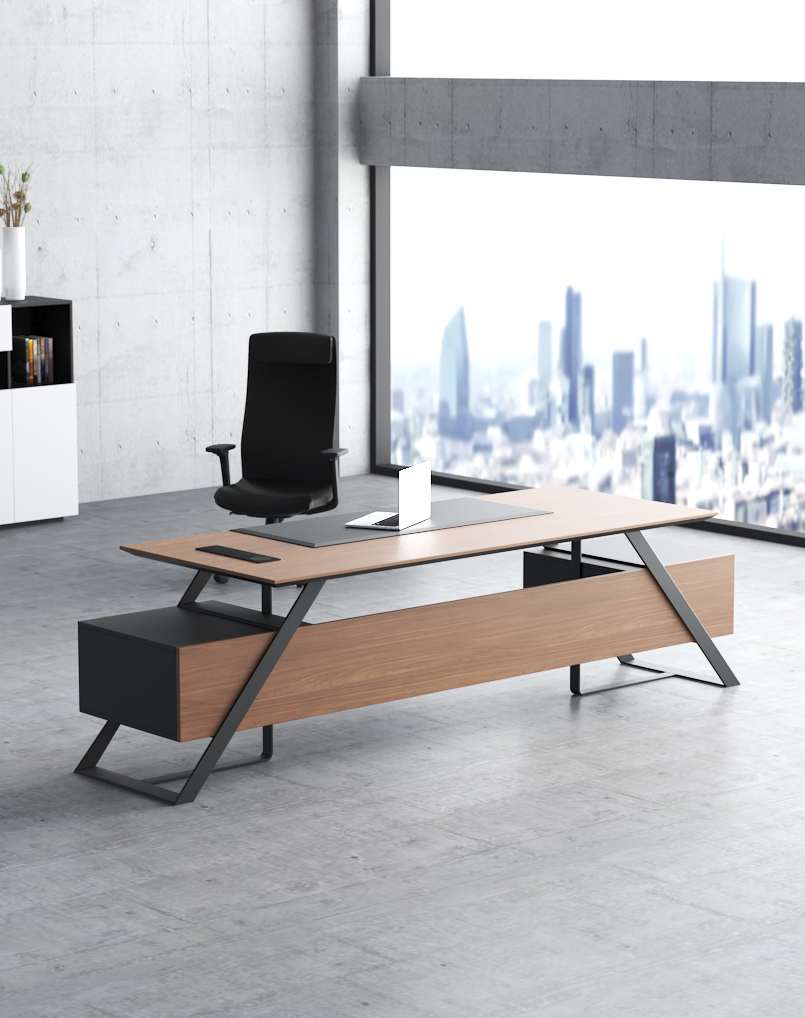 Director & CEO for Office Table Includes Left & Right Storage with Lockable and leatherette Pad Wire Manager - Brown