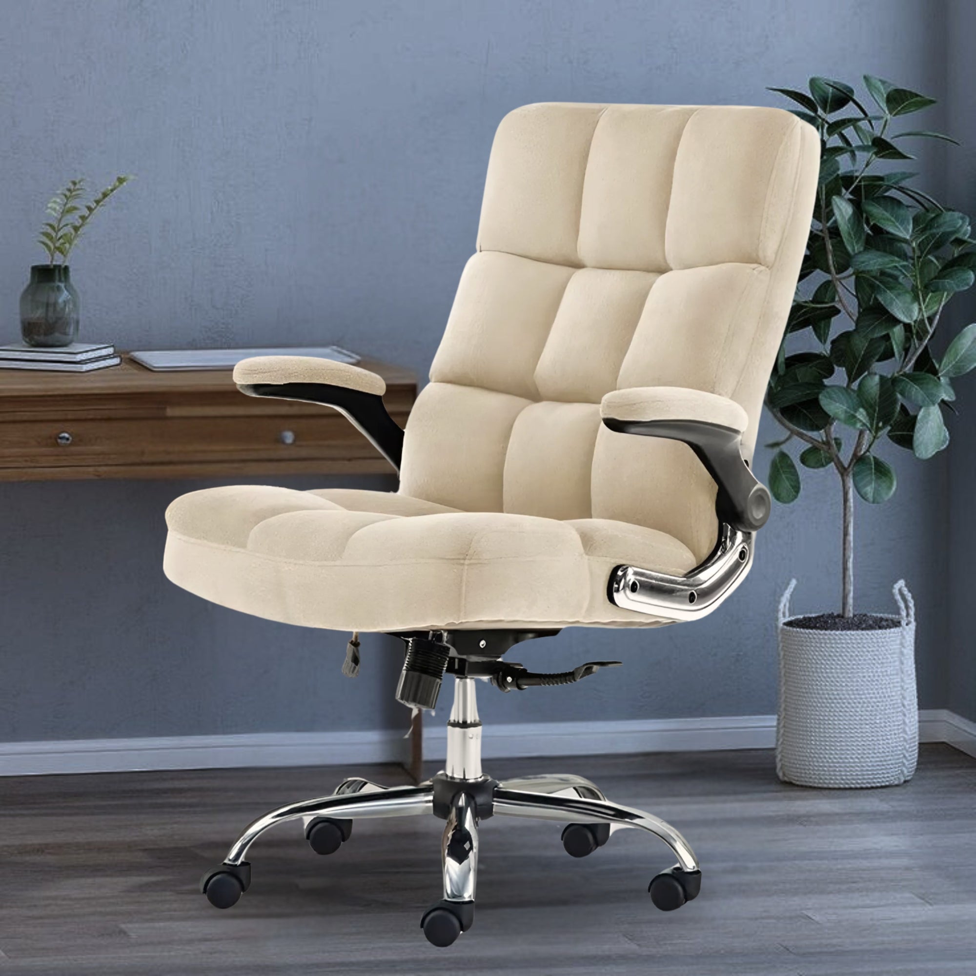 Comfortable Director Chair with Adjustable Armrest Upholstery in Velvet Light Beige (Super Soft)