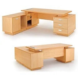 Director L-Shape Table Luxury Modern Office Desk with Made in MDF and Drawers, Shelves, and CPU Storage Space & Ice beech Color