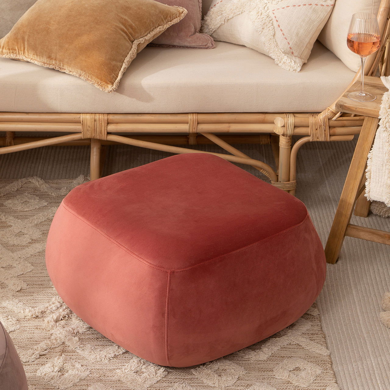 Fabric Upholstery & Wooden Ottoman -