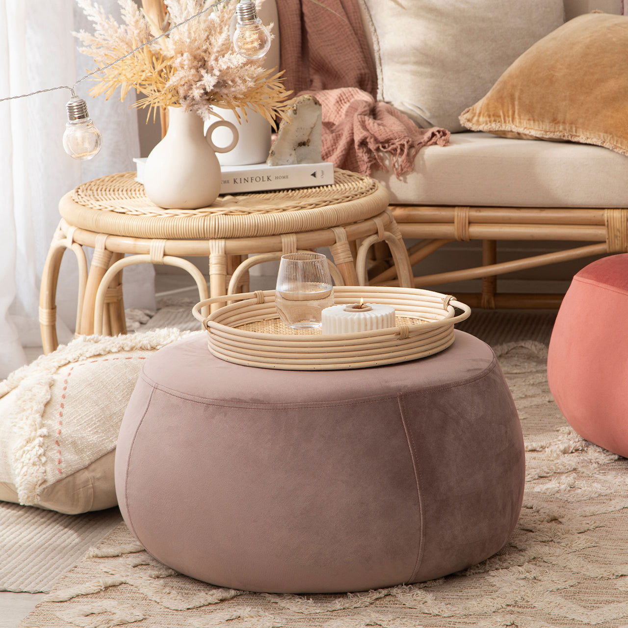 Fabric Upholstery & Wooden Pouffe -