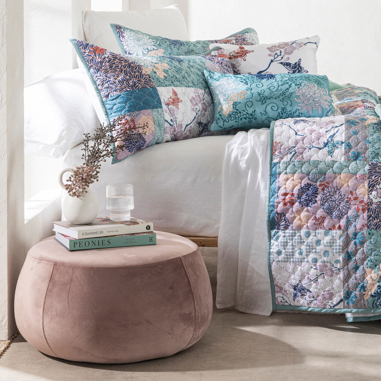 Fabric Upholstery & Wooden Pouffe -