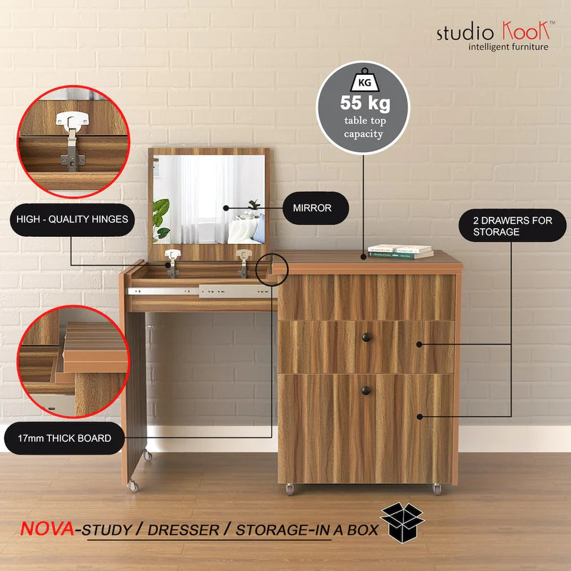 Study and dressing Table made in High Quality Engineered Wood with 2 Drawers and Telescopic channel Wheel Base